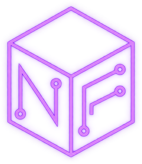 Símbolo da NexForged: cubo com as letras N e F em traços de circuito